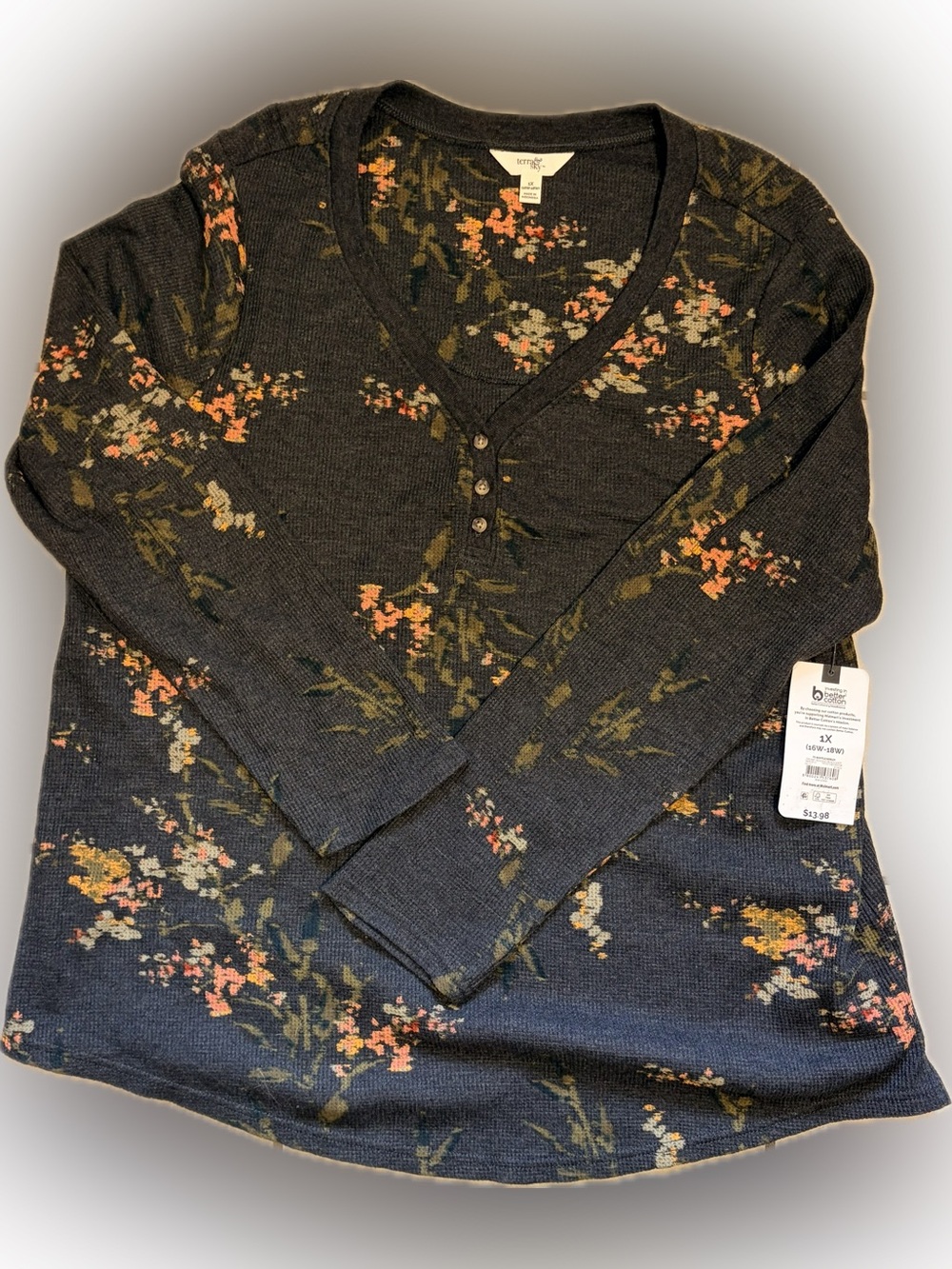 Better Cotton WomensV-Neck Floral Henley Sweater - Charcoal with Coral and Olive